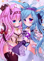  2girls animal_ears bad_id bad_pixiv_id bell beta_(inazuma_eleven) blue_eyes blue_hair breasts cat_ears cat_tail cleavage coccofyze collar frown garter_belt inazuma_eleven_(series) inazuma_eleven_go inazuma_eleven_go_chrono_stone jingle_bell long_hair medium_breasts meia multiple_girls neck_bell pink_hair purple_eyes rabbit_ears rabbit_tail small_breasts smile tail thighhighs very_long_hair 