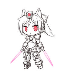  animal_ears beam_saber chibi chinese_commentary commentary_request dog_ears female gm_sniper_k9 gundam gundam_build_fighters langbazi mecha_musume monochrome photoshop_(medium) ponytail red_eyes 