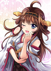  ;p bare_shoulders blue_eyes blush breasts brown_hair commentary detached_sleeves double_bun female hair_bun hair_ornament hairband headgear japanese_clothes kantai_collection kongou_(kancolle) long_hair medium_breasts nontraditional_miko one_eye_closed open_mouth photoshop_(medium) ryusei2u skirt smile solo tongue tongue_out 