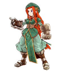  armor blue_eyes bow chinese_clothes commentary_request female final_fantasy final_fantasy_tactics hat hat_ornament highres hong_meiling ledjoker07 long_hair parody red_hair solo star_(symbol) star_hat_ornament style_parody touhou yoshida_akihiko_(style) 