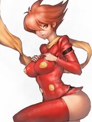  breasts brown_eyes brown_hair commentary_request cyborg_009 female fumio_(rsqkr) genderswap_(mtf) hair_over_one_eye impossible_clothes large_breasts looking_at_viewer red_thighhighs rule_63 scarf shimamura_joe simple_background solo thick_thighs thighhighs thighs white_background 