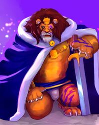  anthro armello armor bulge clothing crown felid headgear iceman1984 league_of_geeks lion male mammal melee_weapon open_mouth pantherine solo sword the_king_(armello) underwear weapon 