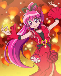  aino_megumi alternate_form blush brooch choker commentary_request cure_lovely cure_lovely_(cherry_flamenco) dancing detached_sleeves dress earrings female flower hair_flower hair_ornament happinesscharge_precure! heart heart_background heart_brooch highres jewelry lipstick long_hair magical_girl makeup orange_background photoshop_(medium) pink_eyes pink_hair precure red_dress red_flower red_rose red_sleeves red_wrist_cuffs rose smile solo watosonshi wide_ponytail wrist_cuffs 