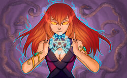  female female fire ginger_hair gloves glowing glowing_eyes highres jewellery jewelry long_hair magic mirage_noir orange_eyes pentagram red_hair silk solo wolfsbane wolfsbane_(mirage_noir) 