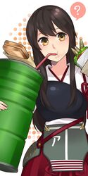  :t ? akagi_(kancolle) ammunition armor bauxite brown_hair commentary_request drinking drinking_straw drum_(container) female food ilris japanese_clothes kantai_collection long_hair muneate sandwich solo spoken_question_mark yellow_eyes 