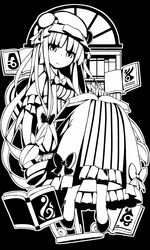  book bun_cover commentary_request female greyscale hat long_hair mikan_(bananoha) mob_cap monochrome patchouli_knowledge sitting solo touhou very_long_hair 