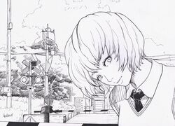  absurdres artist_name ayanami_rei boom_barrier cloud day female greyscale highres looking_at_viewer monochrome necktie neon_genesis_evangelion outdoors photoshop_(medium) power_lines railroad_crossing salaiix short_hair solo vest 