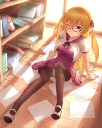  3; arm_support blonde_hair book bookshelf breasts brown_eyes bu_li commentary crop_top crop_top_overhang dress female glasses hair_ribbon large_breasts long_hair one_eye_closed original panties panties_under_pantyhose pantyhose papers pleated_dress ribbon school_uniform serafuku shoes short_dress sitting solo two_side_up underwear uwabaki white_panties 