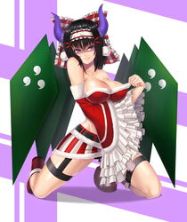  absurdres ankle_boots bare_shoulders black_hair black_panties black_thighhighs boots breasts christmas cleavage cleavage_reach collarbone commentary_request demon_horns female frilled_sleeves frills full_body garter_straps hairband highres horns kneeling large_breasts lips long_hair midriff miniskirt panties pantyshot purple_eyes rinkou_no_lemuria rockmanwjh shaded_face shion_(lemuria) skirt smile solo thighhighs underwear wide_sleeves 