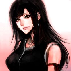  black_hair brown_eyes earrings female female final_fantasy final_fantasy_vii jewelry long_hair looking_at_viewer sasaki_ryou smile solo tifa_lockhart 