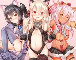  3girls animal_ear_fluff animal_ears animal_hands ass_visible_through_thighs baram bare_hips bare_shoulders bell black_hair black_leotard black_panties black_skirt black_thighhighs blonde_hair blush breasts breasts_apart brown_eyes cat_ears cat_girl center_opening chloe_von_einzbern chloe_von_einzbern_(beast_style) claws collar commentary_request crop_top dark-skinned_female dark_skin elbow_gloves fake_animal_ears fate/kaleid_liner_prisma_illya fate_(series) fur-trimmed_skirt fur_collar fur_trim gloves grey_legwear groin hair_ornament hairclip highres illyasviel_von_einzbern illyasviel_von_einzbern_(beast_style) jingle_bell leotard long_hair looking_at_viewer microskirt midriff miyu_edelfelt miyu_edelfelt_(beast_style) multiple_girls navel o-ring official_alternate_costume open_mouth panties paw_gloves paw_pose paw_shoes pink_hair ponytail red_eyes ribbon shoes skirt small_breasts smile stomach thigh_gap thighhighs tongue tongue_out twintails underwear 