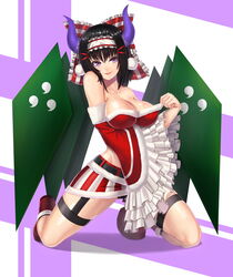  :p absurdres ankle_boots bare_shoulders black_hair black_panties black_thighhighs boots breasts christmas cleavage cleavage_reach collarbone commentary_request demon_horns female frilled_sleeves frills full_body garter_straps hairband highres horns kneeling large_breasts long_hair midriff miniskirt panties pantyshot purple_eyes rinkou_no_lemuria rockmanwjh shion_(lemuria) skirt solo thighhighs tongue tongue_out underwear wide_sleeves 