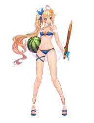  bare_shoulders bikini blue_bikini breasts cleavage collarbone female flower food fruit full_body hair_flower hair_ornament holding long_hair looking_at_viewer medium_breasts navel official_art shoes side_ponytail smile solo standing swimsuit sword tenshi_mikadokuni thigh_strap toeless_footwear very_long_hair watermelon weapon white_background wooden_sword 