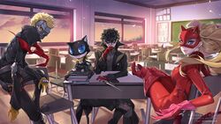  2boys amamiya_ren bad_id bad_pixiv_id black_hair black_jacket blonde_hair boots cat_mask classroom commentary crossed_legs dagger desk domino_mask feline female finger_to_mouth gloves highres ian_olympia indoors jacket knife looking_at_viewer mask morgana_(persona_5) multiple_boys persona persona_5 red_gloves sakamoto_ryuuji scarf school_desk skull_mask smile takamaki_anne thigh_boots thighhighs twintails weapon window 