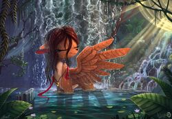  2015 brown_body brown_hair brown_wings closed_eyes collaboration deer detailed_background equid equine fan_character feathered_wings feathers female glowing hair hasbro hi_res hybrid jewelry lily_pad mammal my_little_pony mythological_creature mythological_equine mythology necklace outside pegasus plant signature sirzi smile solo water waterfall wet_hair wings yakovlev-vad 