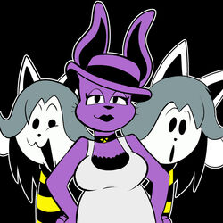  1:1 anthro clothed clothing felid female fur group hi_res lagomorph leporid mammal rabbit rabbit_shopkeeper simple_background smile tem temmie_(undertale) trio undertale undertale_(series) white_body white_fur 