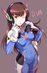  ;p akanbe bad_id bad_pixiv_id bodysuit breasts brown_background brown_hair character_name commentary_request covered_navel cowboy_shot d.va_(overwatch) eyelid_pull female gloves hand_on_own_hip highres long_hair looking_at_viewer medium_breasts one_eye_closed overwatch overwatch_1 photoshop_(medium) pink_eyes shumai_(sm318) simple_background solo tongue tongue_out white_gloves 