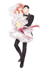  1boy bad_id bad_pixiv_id black_hair blush bouquet bow bowtie bridal_veil brown_eyes carrying dress earrings elbow_gloves female flower gekkan_shoujo_nozaki-kun gloves hairbow height_difference highres jewelry mery_(yangmalgage) nozaki_umetarou orange_hair purple_eyes sakura_chiyo smile tuxedo veil wedding_dress white_gloves 