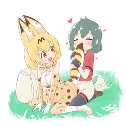  2girls animal_ears backpack bag bare_shoulders belt black_hair blonde_hair blush bow bowtie closed_eyes commentary_request elbow_gloves gloves hair_between_eyes hat heart helmet highres kaban_(kemono_friends) kemono_friends loafers makuran multicolored_hair multiple_girls orange_bow orange_bowtie pantyhose pith_helmet print_bow print_bowtie seiza serval_(kemono_friends) serval_print shirt shoes short_hair shorts sitting skirt smelling t-shirt tail tail_grab tail_on_face thighhighs two-tone_bowtie unworn_hat unworn_headwear vest white_bow white_bowtie yellow_eyes 