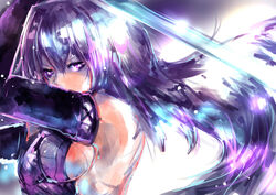  breasts commentary elbow_gloves engi_threepiece female gloves long_hair medium_breasts mi_bait photoshop_(medium) purple_eyes purple_hair sideboob solo sword upper_body weapon yumekui_merry 