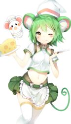  animal animal_ears apron bad_id bad_pixiv_id belt_buckle blush breasts buckle cheese chef_hat collarbone cowboy_shot crop_top female food green_hair hat highres holding holding_knife kitchen_knife knife last_period midriff mouse_(animal) mouse_ears mouse_tail navel one_eye_closed ratte_(last_period) short_hair short_sleeves simple_background skirt small_breasts smile solo tail thighhighs tongue tongue_out tray umibouzu_(niito) white_background white_thighhighs yellow_eyes zettai_ryouiki 