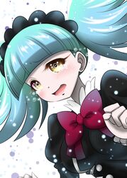  :o ai_wa_muteki aqua_hair biburi_(precure) black_shirt bow commentary_request crying crying_with_eyes_open female hairband highres kirakira_precure_a_la_mode light_green_hair open_mouth precure red_bow shirt short_hair solo tears twintails upper_body white_background yellow_eyes 