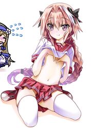  1boy 1other astolfo_(fate) astolfo_(sailor_paladin)_(fate) black_bow blonde_hair blush bow braid chevalier_d&#039;eon_(fate) chevalier_d&#039;eon_(maid_knight)_(fate) clothes_lift commentary_request fang_out fate/apocrypha fate/grand_order fate_(series) hair_ribbon hiding highres lifting_own_clothes long_hair male_focus navel oerba_yun_fang official_alternate_costume otoko_no_ko pink_hair purple_eyes ribbon senomoto_hisashi shirt_lift single_braid smile white_legwear 