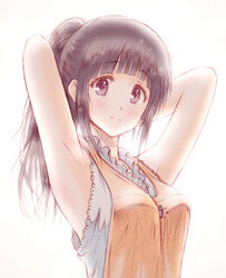  apron armpits arms_behind_head arms_up black_hair bluez blunt_bangs breasts casual chitanda_eru commentary_request female hyouka long_hair looking_at_viewer medium_breasts ponytail purple_eyes simple_background sleeveless smile solo upper_body white_background 