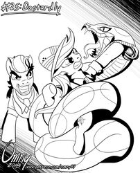  2018 caballeron_(mlp) cobra coiling daring_do_(mlp) fangs female feral friendship_is_magic group hasbro male monochrome my_little_pony omny87 reptile scalie snake teeth whip 