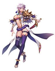  armor breasts capelet earrings female full_body holding holding_sword holding_weapon jewelry large_breasts leotard long_sleeves looking_at_viewer navel official_art purple_eyes purple_hair revealing_clothes ring short_hair shoulder_armor solo standing sword tenshi_mikadokuni thigh_strap thighhighs weapon white_background 