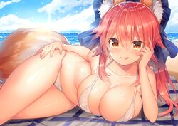  :q animal_ears beach bikini blue_bow bow breasts cleavage collarbone commentary_request day fate/extra fate/extra_ccc fate_(series) female fox_ears fox_tail hair_between_eyes hairbow large_breasts licking_lips long_hair lying ntk_(7t5) ocean on_side orange_eyes outdoors pink_hair sand smile solo swimsuit tail tamamo_(fate) tamamo_no_mae_(fate/extra) tongue tongue_out white_bikini 