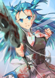  black_shirt blood blood_on_face blue_eyes blue_hair chiharu_(9654784) chtholly_nota_seniorious clenched_teeth commentary_request corset female floating_hair highres holding holding_sword holding_weapon long_hair long_sleeves looking_at_viewer shirt shuumatsu_nani_shitemasu_ka? skirt solo sword teeth two_side_up v-shaped_eyebrows very_long_hair weapon white_skirt 