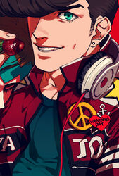  2boys adapted_costume black_hair commentary diamond_wa_kudakenai emg_(christain) food fruit headband headphones higashikata_josuke jacket jojo_no_kimyou_na_bouken manly multiple_boys peace_symbol photoshop_(medium) pompadour school_uniform strawberry symbol-only_commentary 