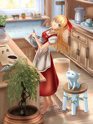  barefoot basket blonde_hair bow bowl bucket buttons cabinet cactus calendar_(object) carpet chocolate collared_dress commentary_request cookie_cutter cooking cutting_board drawer dress ellen_(touhou) eyes_visible_through_hair fabric february feline female footstool green_eyes hairband handle heart highres indoors kettle knife leaning_back long_hair medium_hair no_mouth package patterned plant plate potted_plant red_dress ribbon rug sad shounen_(hogehoge) sokrates_(touhou) standing stool strap touhou touhou_(pc-98) trellis vines whisk whisking white_cat wicker_furniture window windowsill wooden_floor 