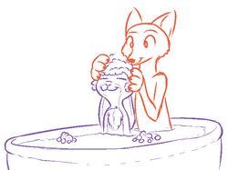  2016 :3 ambiguous_gender anthro assisted_bathing bath bathing bathtub bubble canid canine dewlap_(anatomy) disney duo fox judy_hopps lagomorph leporid mammal nick_wilde nude partially_submerged rabbit red_fox simple_background smile tggeko true_fox water white_background zootopia 