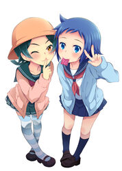  2boys :&gt; :3 amu_enya bad_id bad_pixiv_id blue_eyes blue_hair blue_legwear brown_eyes cardigan condom condom_in_mouth crossdressing finger_to_mouth full_body green_hair gundam gundam_build_fighters hat iori_sei kneehighs loafers male_focus mary_janes mouth_hold multiple_boys one_eye_closed otoko_no_ko photoshop_(medium) school_uniform serafuku shoes simple_background skirt smile socks striped_clothes striped_thighhighs thighhighs v white_background yasaka_mao 