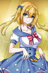  bad_id bad_pixiv_id blonde_hair blue_eyes blue_skirt bow breasts cosplay female hairbow highres large_breasts long_hair looking_at_viewer o&#039;bannon_(warship_girls_r) o&#039;bannon_(warship_girls_r)_(cosplay) potato prince_of_wales_(warship_girls_r) skirt skirt_basket smile star_(symbol) star_print twintails two-sided_fabric two-sided_skirt wan_nian_da_zha_de_r warship_girls_r 