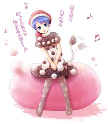  beamed_eighth_notes blob blue_eyes blue_hair commentary_request doremy_sweet dream_soul dress eighth_note female hat leaning morioka_itari musical_note nightcap pantyhose pom_pom_(clothes) shirt short_hair short_sleeves smile solo tail tail_wagging tapir_tail touhou translation_request 