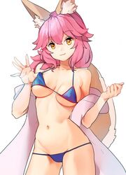  :3 animal_ear_fluff animal_ears bad_id bad_twitter_id bare_shoulders bikini blue_bikini breasts commentary_request cowboy_shot fate/grand_order fate_(series) female fox_ears fox_tail hair_between_eyes halterneck long_hair looking_at_viewer medium_breasts navel pink_hair shovelwell simple_background solo swimsuit tail tamamo_(fate) tamamo_no_mae_(swimsuit_lancer)_(fate) unfinished 