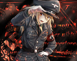  armband black_necktie blonde_hair buttons commentary cross female german_text gloves hair_between_eyes hand_on_headwear hand_on_own_hip hat iron_cross karo-chan long_hair long_sleeves looking_at_viewer military military_uniform nazi necktie open_mouth original peaked_cap red_eyes reichsadler sigrunen silver_trim skull smile solo ss_insignia swastika text_background totenkopf translated uniform waffen-ss white_gloves world_war_ii 