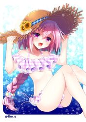  1boy aichi_shiho astolfo_(fate) bikini black_bow bow braid bulge commentary_request fate/apocrypha fate/grand_order fate_(series) frilled_bikini frills hair_ribbon hat male_focus oerba_yun_fang off-shoulder_bikini off_shoulder otoko_no_ko pink_hair purple_eyes ribbon single_braid sun_hat swimsuit 