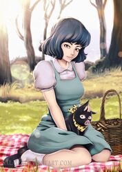  animal animal_on_lap artist_name bare_tree black_footwear black_hair blue_dress blurry blurry_background brown_eyes commentary day dress dress_shirt female fuurinkan_high_school_uniform grass horror_(theme) kneeling lens_flare looking_at_viewer on_lap outdoors p-chan picnic_basket pig piglet ranma_1/2 salaiix school_uniform shirt shoes short_sleeves sitting socks sunlight tendou_akane tree watermark web_address white_legwear white_shirt 