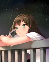  bad_id bad_pixiv_id brown_hair cellphone female furururu green_eyes idolmaster idolmaster_cinderella_girls long_hair night night_sky phone railing shibuya_rin sky smartphone solo star_(sky) starry_sky 