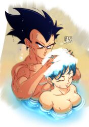  1boy black_hair blue_hair breasts bulma_briefs cleavage closed_eyes completely_nude dragon_ball dragon_ball_daima highres kisaragi_1go muscular muscular_male nude partially_submerged shared_bathing smile soap_bubbles straight thick_eyebrows vegeta washing_hair water wet wet_hair 