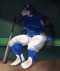  2018 abs anthro athletic baseball_bat baseball_uniform bat_(object) belt biceps bottomwear canid canine canis clothing digital_media_(artwork) dragon0324r fur hi_res kemono male mammal multicolored_body multicolored_fur muscular muscular_anthro muscular_male nipples pants pecs simple_background solo sport sportswear tight_clothing uniform wolf wristband 