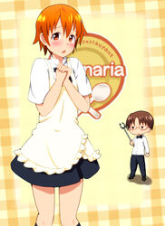  1boy apron blush commentary_request diesel-turbo female grabber_tool hair_ornament hairpin inami_mahiru orange_eyes orange_hair short_hair takanashi_souta waitress working!! 