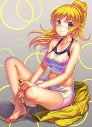  alternate_hair_length alternate_hairstyle bad_id bad_pixiv_id bare_shoulders barefoot bike_shorts blonde_hair blue_eyes blush breasts feet female gundam gundam_build_fighters gundam_build_fighters_try hobby_knife hoshino_fumina indian_style jacket long_hair looking_at_viewer medium_breasts midriff navel ponytail scrunchie shiny_skin sitting smile solo sports_bra taut_clothes two-tone_sports_bra unworn_jacket urokoda 