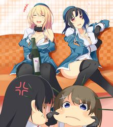  4girls alcohol anger_vein arms_up atago_(kancolle) beret black_gloves black_hair black_pantyhose black_thighhighs blue_headwear blush bottle breasts brown_hair cheek_pinching cheek_pull choukai_(kancolle) cleavage closed_eyes commentary_request couch dress_shirt drink drunk face_stretching fur_collar glasses gloves hair_between_eyes hair_ornament hands_up happy hat highres holding holding_drink kantai_collection large_breasts long_hair long_sleeves maya_(kancolle) medium_hair multiple_girls off_shoulder open_mouth pantyhose pinching plaid plaid_background purple_eyes red_eyes shirt simple_background sitting smile sweat sweatdrop takao_(kancolle) teeth tenpesuto thighhighs unbuttoned unbuttoned_shirt white_shirt x_hair_ornament 