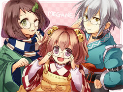  1boy 2girls adjusting_eyewear bad_id bad_pixiv_id bell brown_hair choker clothes_writing finger_to_mouth futatsuiwa_mamizou futatsuiwa_mamizou_(human) glasses grey_hair hair_bell hair_ornament leaf leaf_on_head long_sleeves looking_at_viewer morichika_rinnosuke motoori_kosuzu multiple_girls one_eye_closed open_mouth purple_eyes scarf shirt sigina smile touhou twintails yellow_eyes 