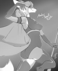  2017 5_fingers absolute_territory amber_(mancoin) anthro ass ballistic-cottontail black_body black_fur black_nose blue_eyes breasts butt_pose canid canine clothed clothing costume digital_media_(artwork) dipstick_tail eyelashes eyewear female fingers fox foxyverse fur glasses greyscale hair hi_res legwear long_hair magic_user mammal markings monochrome multicolored_tail pose simple_background small_breasts smile solo stockings tail tail_markings thigh_highs 